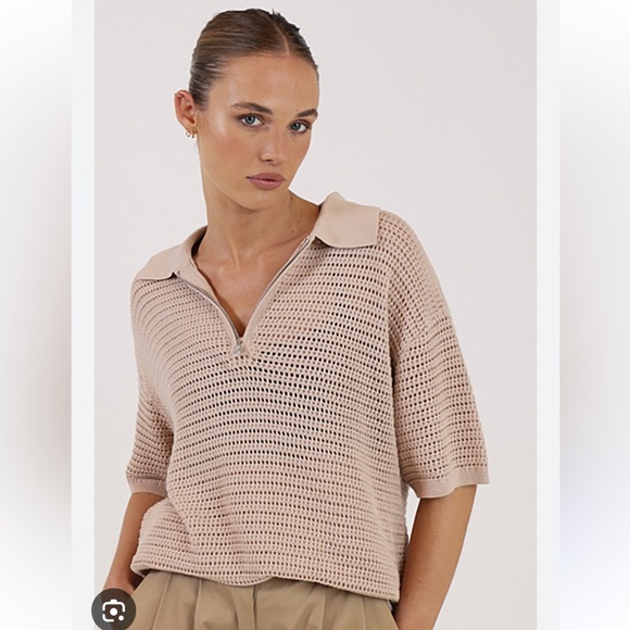 Varley Clayton Polo Knit Top Beige Neutral Quarter Zip Athleisure EUC Small - Picture 2 of 13